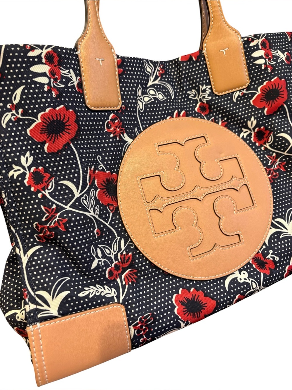 TORY BURCH Ella Tote Bag Purse Nylon Navy and Red Floral - Picture 3 of 13
